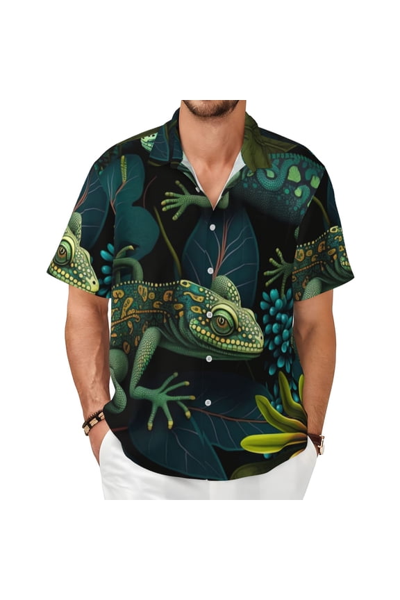 Mens Casual Button Down Shirt Hawaiian Short Sleeve Beach Clothes, Lizards Lizard Art Green