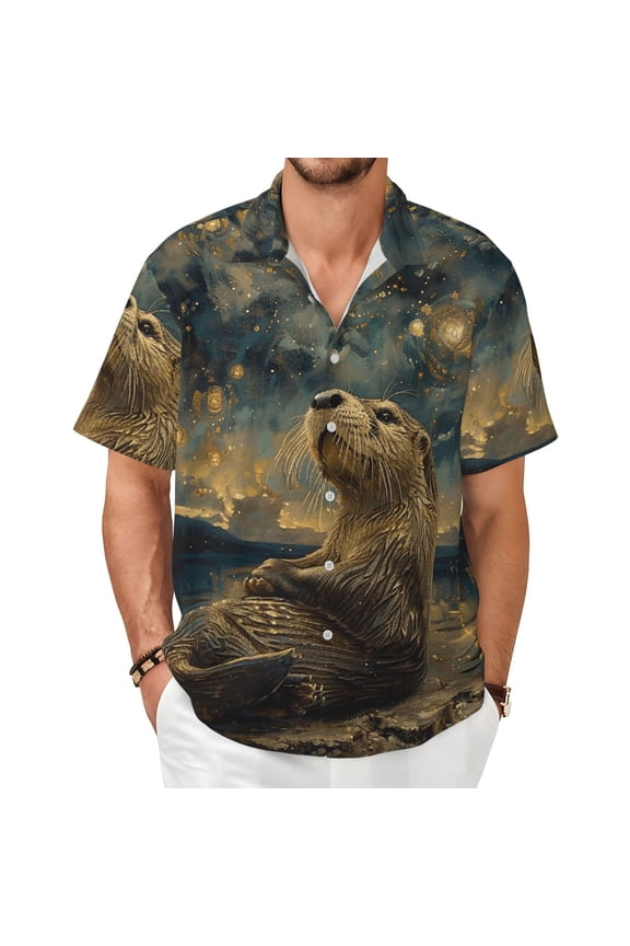 Mens Casual Button Down Shirt Hawaiian Short Sleeve Beach Clothes, Otter Fish Sky Art