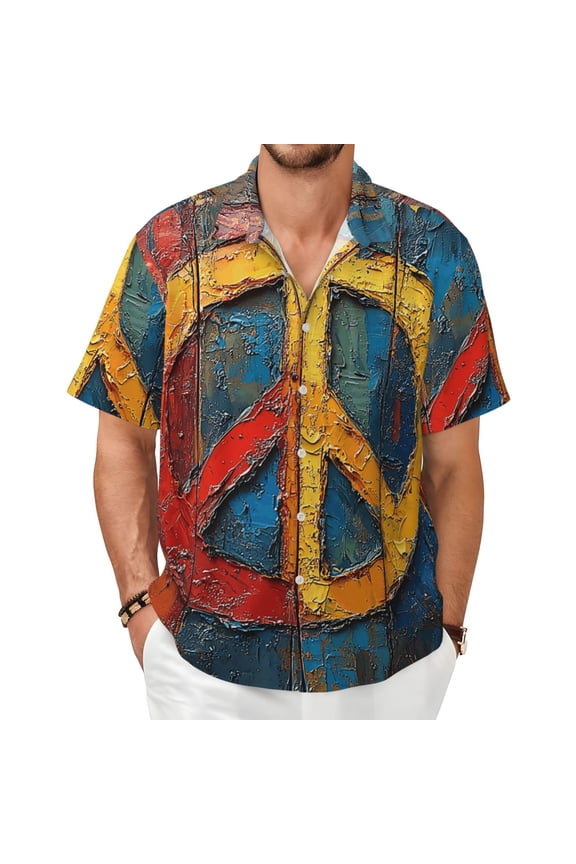 Mens Casual Button Down Shirt Hawaiian Short Sleeve Beach Clothes, Rainbow Peace Love Sign