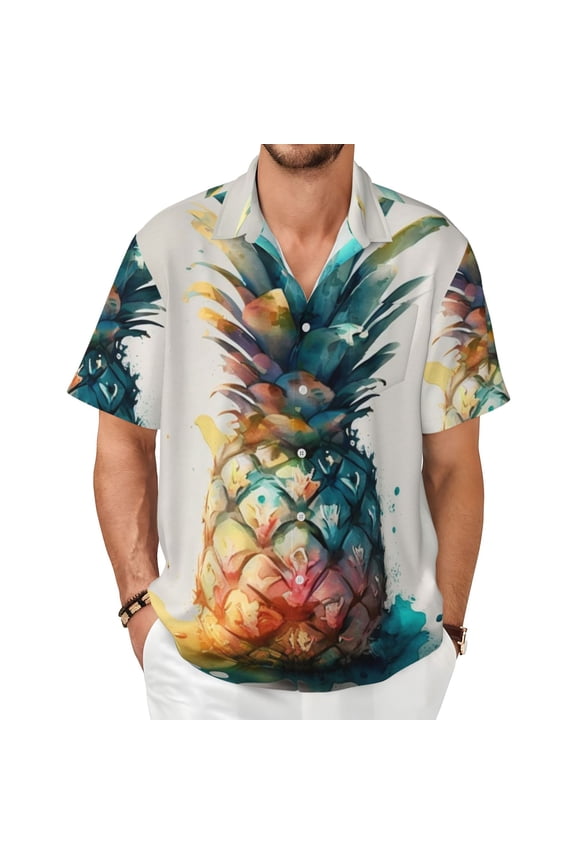 Mens Casual Button Down Shirt Hawaiian Short Sleeve Beach Clothes, Watercolor Pineapple Art