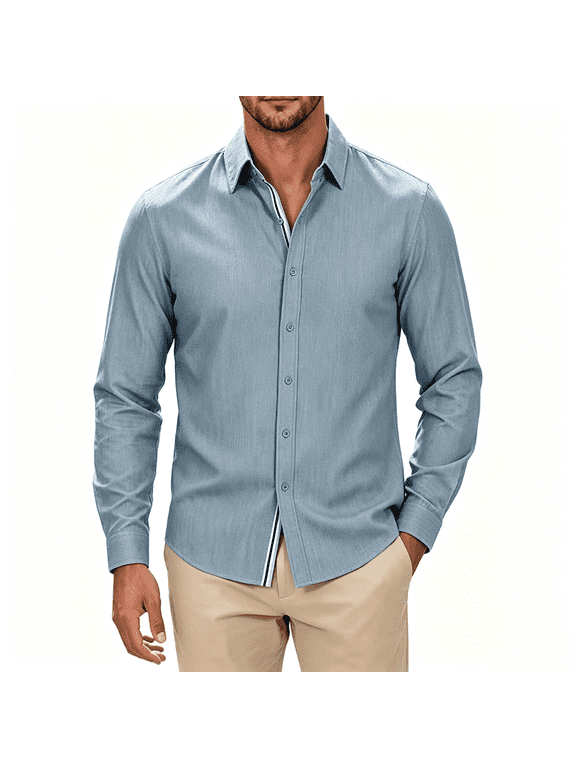 Mens Casual Button Down Shirt Long Sleeve Business Casual Lightweight Wrinkle Free Stretch Denim Texture Untucked