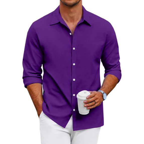 Mens Casual Button Down Shirt Long Sleeve Lightweight Summer Beach Shirts Loose Fit Solid Textured Shirt