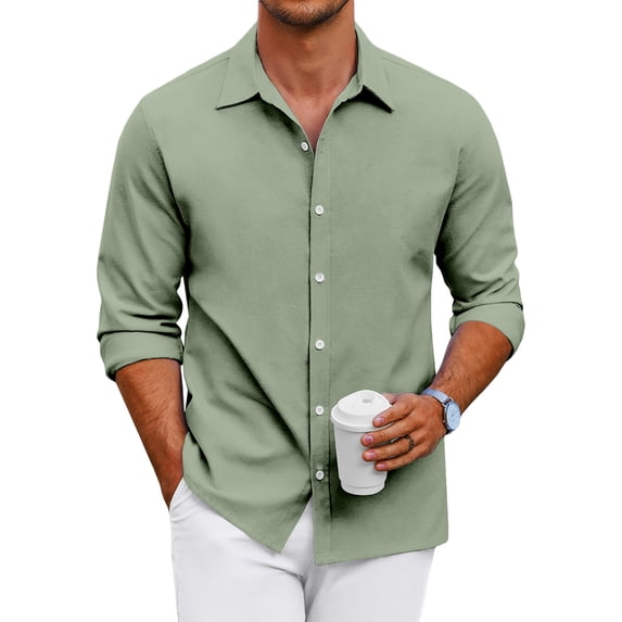 Mens Casual Button Down Shirt Long Sleeve Lightweight Summer Beach Shirts Loose Fit Solid Textured Shirt