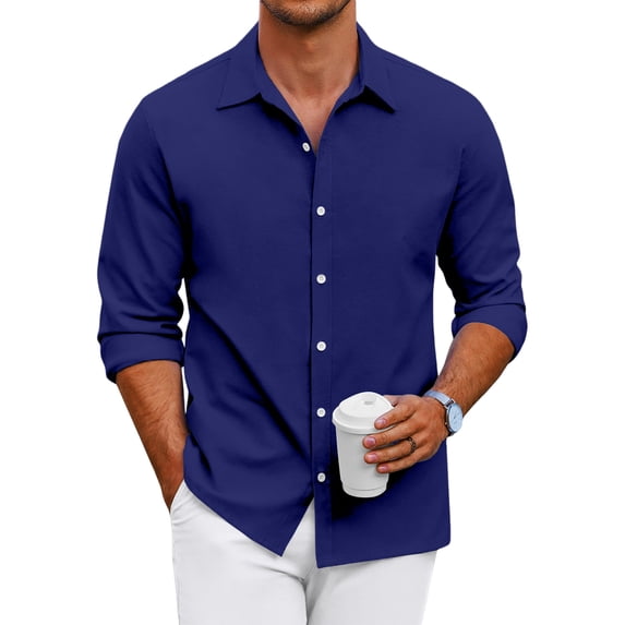 Mens Casual Button Down Shirt Long Sleeve Lightweight Summer Beach Shirts Loose Fit Solid Textured Shirt