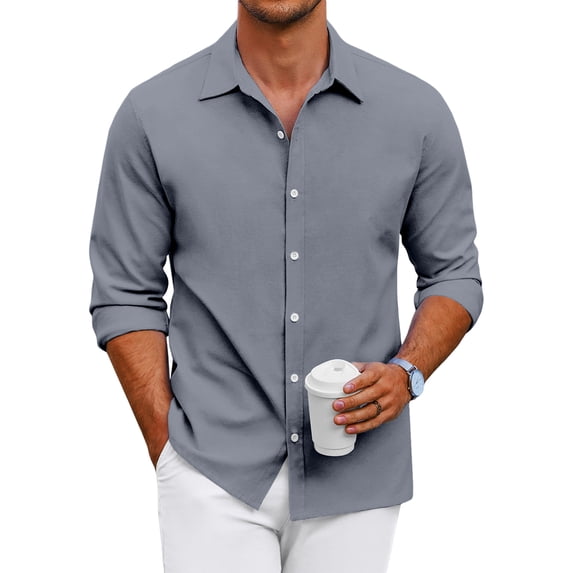 Mens Casual Button Down Shirt Long Sleeve Lightweight Summer Beach Shirts Loose Fit Solid Textured Shirt
