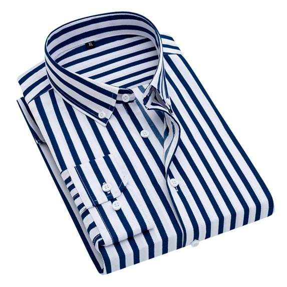 Mens Casual Button Down Shirts Free Tooling Stripe Lattice Long Sleeve Regular Fit Mens Dress Shirts Blue XXXXL