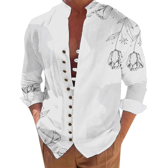 Mens Casual Button Down Shirts Leisure Loose Floral Printed Long Sleeve Stank Man Clothing Streetwear