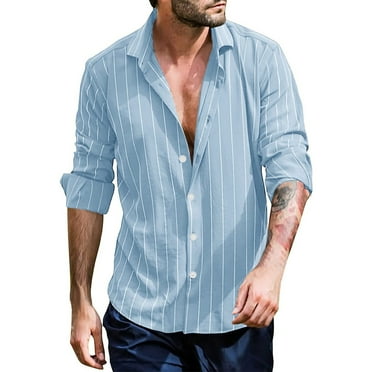 Mens Casual Button Down Shirts Long Sleeve Chambray Shirts Men Spring Summer Top Shirt Striped Lapel Collar Casual Loose Shirt Blouse Fashion Button Top Wrinkle Free Shirt