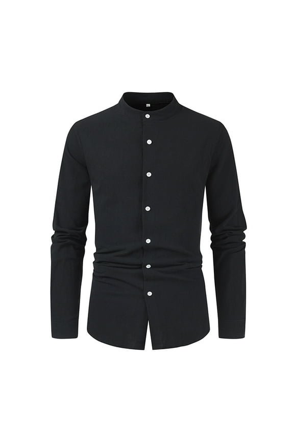 Mens Casual Button Down Shirts Long Sleeve Chambray Shirts Casual Solid Color Shirt Half Cover Button Collarless Top Wrinkle Free Shirt