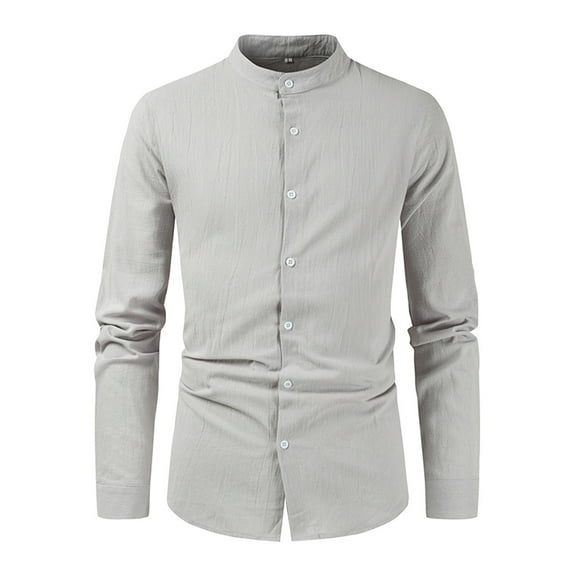 Mens Casual Button Down Shirts Long Sleeve Chambray Shirts Casual Solid Color Shirt Half Cover Button Collarless Top Wrinkle Free Shirt