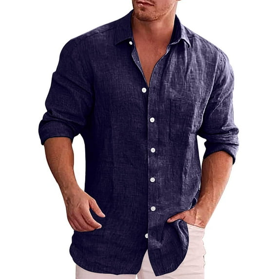 Mens Casual Button Down Shirts Long Sleeve Chambray Shirts Loose Solid Color Shirt Lapel Casual Shirt Wrinkle Free Shirt