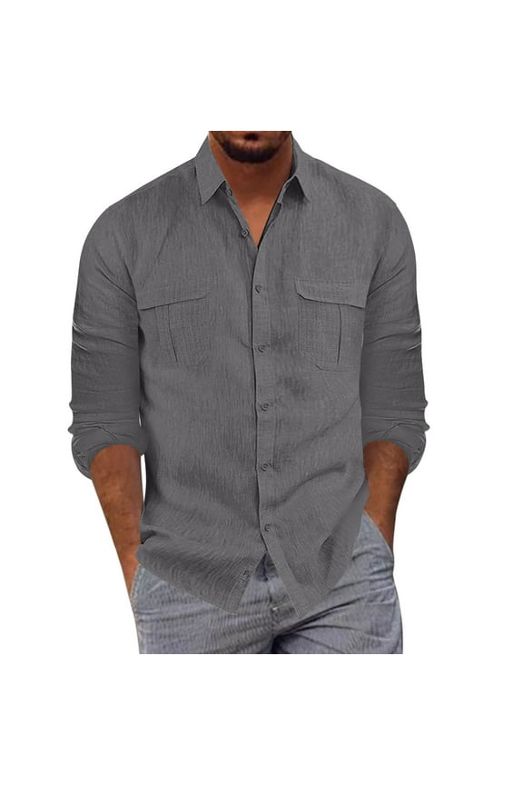 Mens Casual Button Down Shirts Long Sleeve Chambray Shirts Mens Fashion Casual Button Lapel Cotton Solid Color Pocket Shirt Top Wrinkle Free Shirt