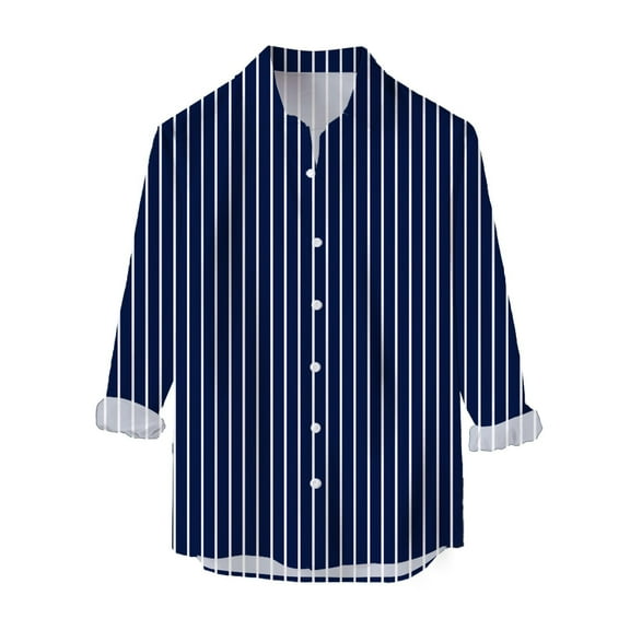 Mens Casual Button Down Shirts Long Sleeve Stripe Slim Fit Top Blouse Fashion Dress Shirts For Men Dark Blue L