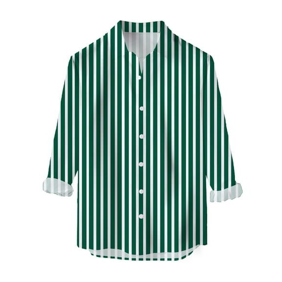 Mens Casual Button Down Shirts Long Sleeve Stripe Slim Fit Top Blouse Fashion Dress Shirts For Men Green XL