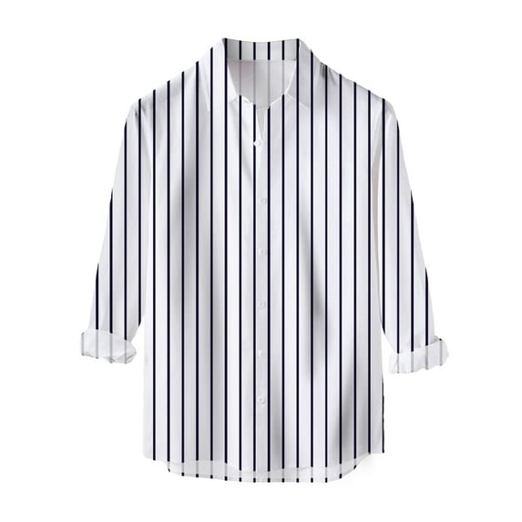 Mens Casual Button Down Shirts Long Sleeve Stripe Slim Fit Top Blouse Fashion Dress Shirts For Men White XL