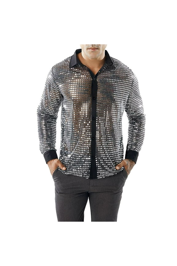 Mens Casual Button Down Shirts Long Sleeved Perfor Ce Wear Sequin Long Sleeved Lapel 70S Disco Party Wear Trend Long Sleeved Holiday Wear