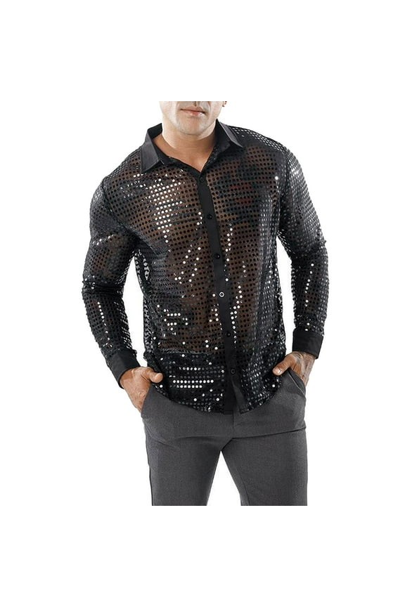Mens Casual Button Down Shirts Long Sleeved Perfor Ce Wear Sequin Long Sleeved Lapel 70S Disco Party Wear Trend Long Sleeved Sportwear