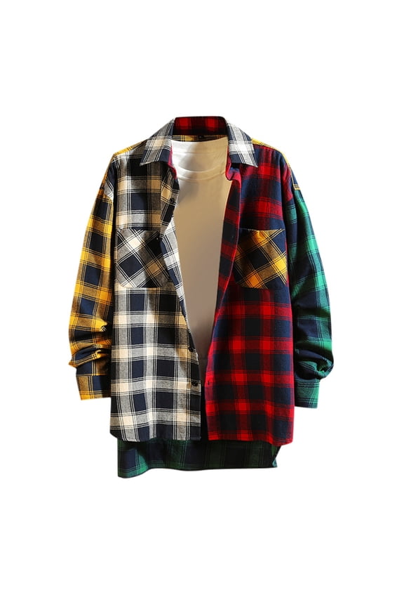 Mens Casual Button Down Shirts Patchwork Color Plaid Print Long Sleeve Pocket Loose Mans Clothing Overshirt Beachwear