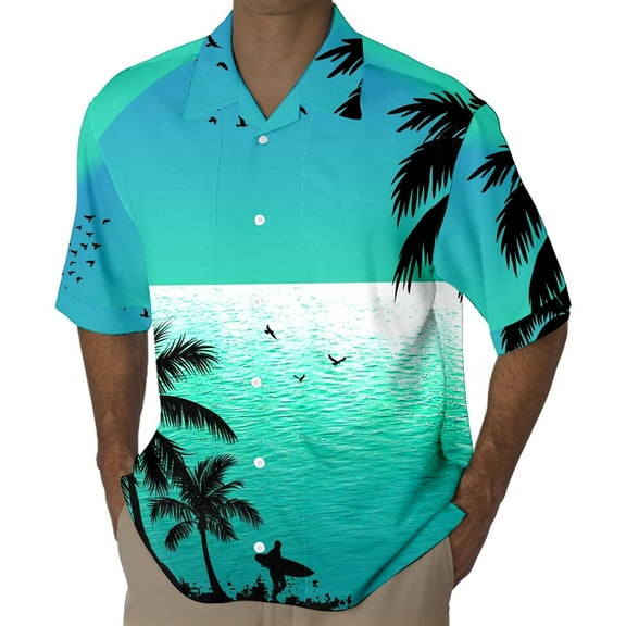 Mens Casual Button Down Shirts Short Sleeve Casual Coconut Tree Sunset Print Short Sleeve Cardigan Lapel Man Clothing Outwear