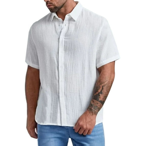 Mens Casual Button Down Shirts Short Sleeve Summer Cuban Wedding Shirt Hawaii Vacation Beach Shirts Solid-color Fashionable Shirt,Color:White,Size:XL