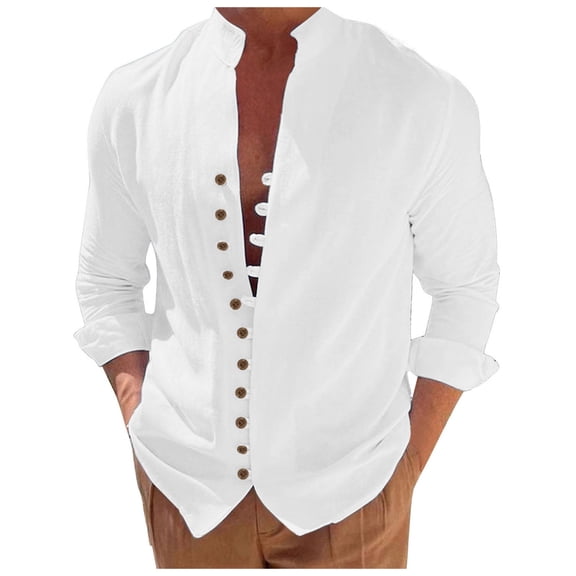 Mens Casual Button Down Shirts Solid Color Retro Cotton Linen Loose Long Sleeved Beach Mens Dress Shirts Activewear