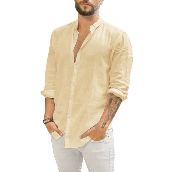 Mens Casual Button Down Shirts Solid Color Stank Long Sleeve Loose Tops Beachwear