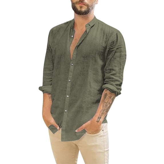 Mens Casual Button Down Shirts Solid Color Stank Long Sleeve Loose Tops Daily-Wear