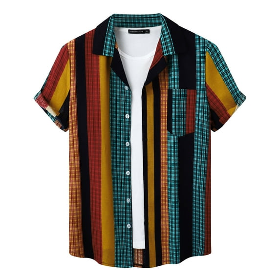 Mens Casual Button Down Shirts Stripe Print Short Sleeve Lapel Blouse Mens Dress Shirts Outwear
