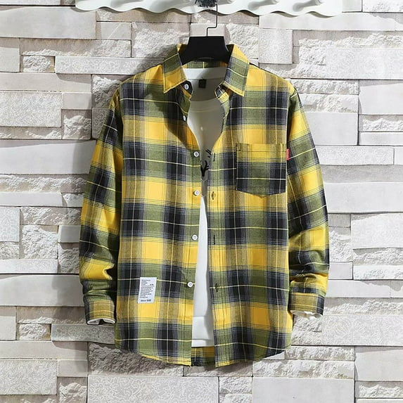 Mens Casual Button Down Shirts Summer Plaid Print Lapel Long Sleeved Loose Holiday Wear