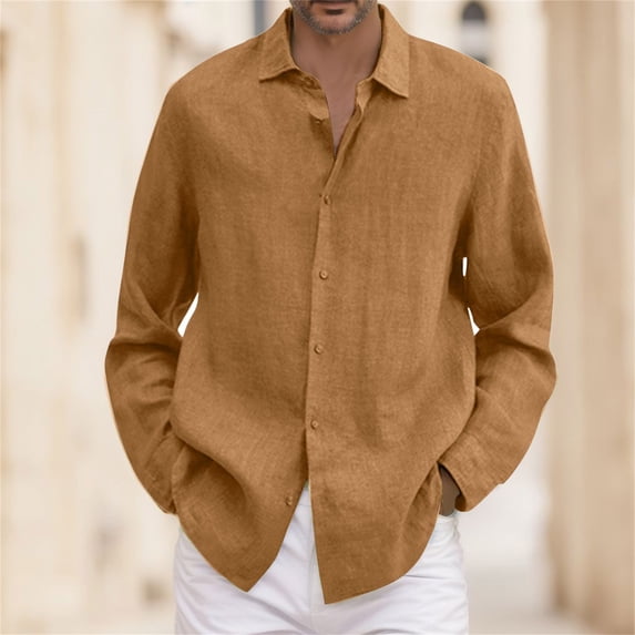 Mens Casual Button Down Shirts Summer Solid Color Lapel Long Sleeve Plus Size Loose Tops Streetwear