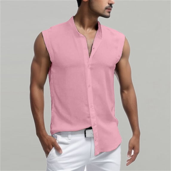 Mens Casual Button Down Shirts Summer Solid Color V Neck Sleeveless Slim Fit Plain Basics Tops Daily-Wear