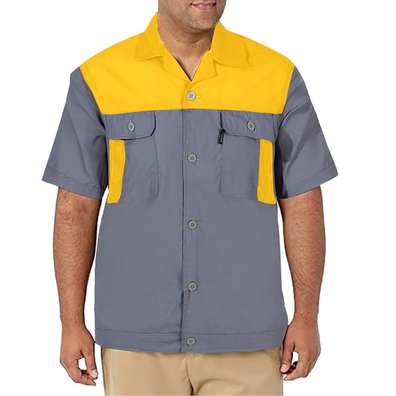Mens Casual Button Down Shirts Work Short Sleeved Lapel Color Block Shirt Outwear