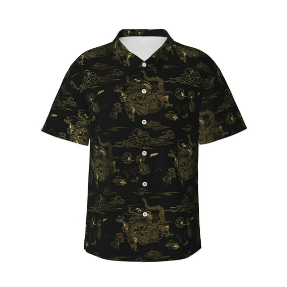 Mens Casual Button Down Short Sleeve Hawaiian Shirts,Chinese Gold Black Dragon Shirts Regular Fit Beach Bowling Shirts with Front Pocket,2XL