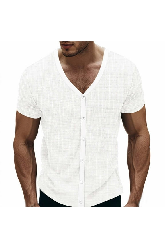 Mens Casual Button Down V-Neck T-Shirts Henley Shirt Short Sleeve Textural Summer T-Shirt