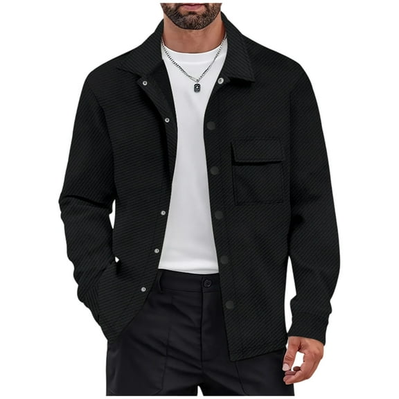 Mens Casual Button Jacket Long Sleeve Lapel Shirt Shacket Overshirt Black XL