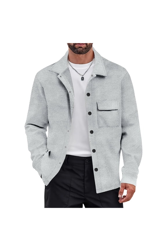Mens Casual Button Jacket Long Sleeve Lapel Shirt Shacket Overshirt Gray L
