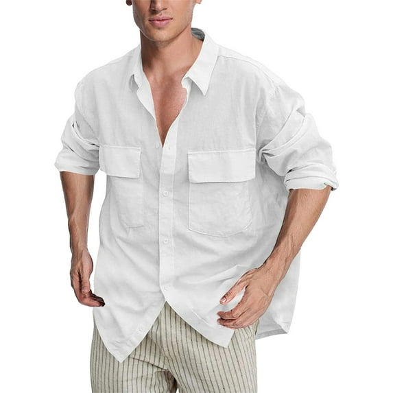 Mens Casual Button Down Shirts Long Sleeve Chambray Shirts Fashion Spring And Fall Casual Cotton And Linen Lapel Shirt Shirt Breathable Cotton And Linen Tops Wrinkle Free Shirt