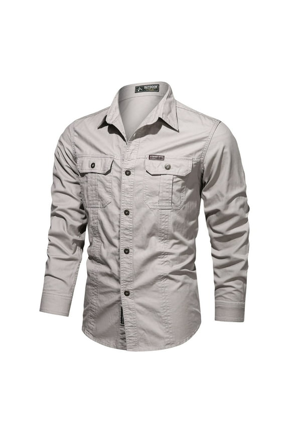 Mens Casual Button Down Shirts Long Sleeve Chambray Shirts Male Autumn Winter Soild Color Cotton Single Breasted Double Pocket Washed Shirt Wrinkle Free Shirt