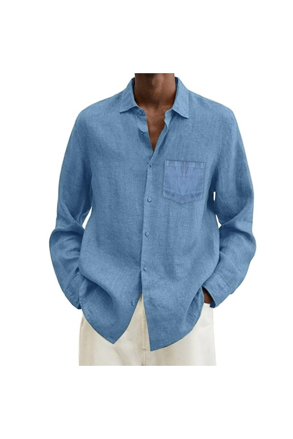 Mens Casual Button Down Shirts Long Sleeve Chambray Shirts Male Summer Cotton Linen Solid Casual Plus Size Loose Shirt Mens Turn Down Collar Shirt Wrinkle Free Shirt