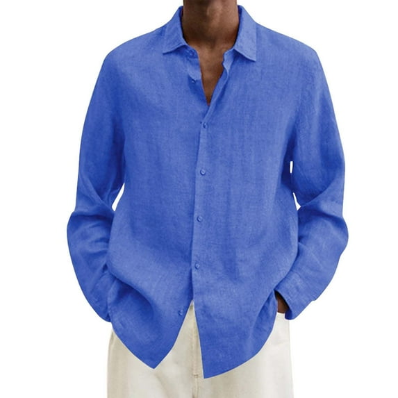 Mens Casual Button Down Shirts Long Sleeve Chambray Shirts Male Summer Cotton Solid Casual Plus Size Loose Shirt Mens Turn Down Collar Shirt Wrinkle Free Shirt