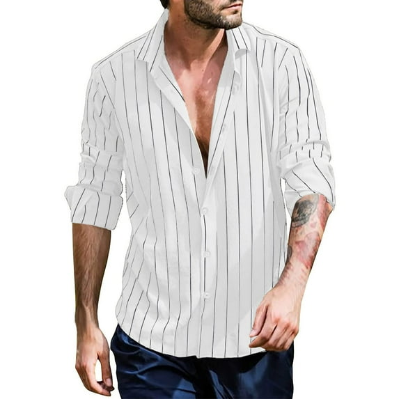 Mens Casual Button Down Shirts Long Sleeve Chambray Shirts Men Spring Summer Top Shirt Striped Lapel Collar Casual Loose Shirt Blouse Fashion Button Top Wrinkle Free Shirt