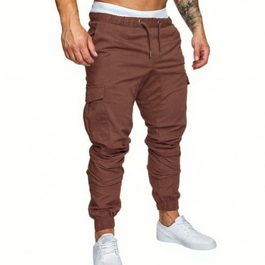 Mens Casual Cargo Pants Elastic Waist Drawstring Joggers Pants Tapered Stretch Sweatpants with Multi Pockets Coffee XXXXL