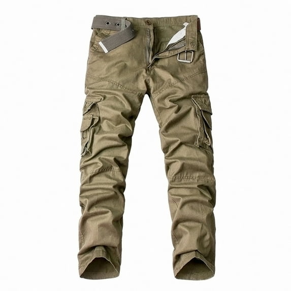 Mens Casual Cargo Pants Straight Leg High Waist Multi Pockets Overalls Cotton Solid Hiking Outdoor Workwear no Belt Khaki,M