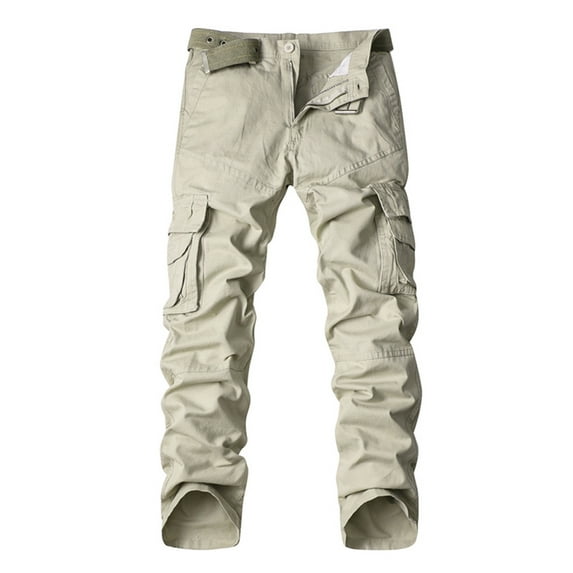 Mens Casual Cargo Pants Straight Leg High Waist Multi Pockets Overalls Cotton Solid Hiking Outdoor Workwear no Belt White,XL
