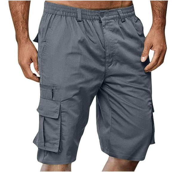 Mens Casual Cargo Shorts Classic Drawstring Stretch Hiking Beach Shorts Button Zipper Solid Knee Length Cargo Pants Straight Shorts Loose Fit Cargo Shorts with Pockets Size S-3XL