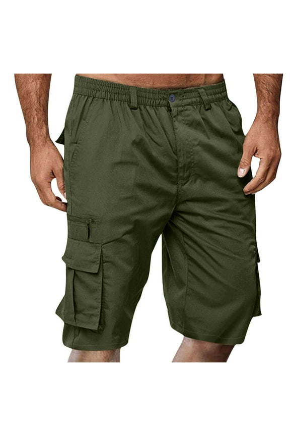 Mens Casual Cargo Shorts Classic Drawstring Stretch Hiking Beach Shorts Button Zipper Solid Knee Length Cargo Pants Straight Shorts Loose Fit Cargo Shorts with Pockets Size S-3XL