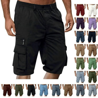 Mens Casual Cargo Shorts Classic Drawstring Stretch Hiking Beach Shorts Button Zipper Solid Knee Length Cargo Pants Straight Shorts Loose Fit Cargo Shorts with Pockets Size S-3XL
