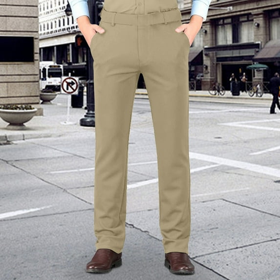 Mens Casual Chinos Pants Relaxed Fit Elastic Waist Trousers Stretch Dress Pants with Pockets Khaki 36