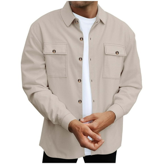 Mens Casual Coat Solid Color Long Sleeve Button Jackets Turndown Collar Textured Knitted Coats with Chest Pockets Khaki L
