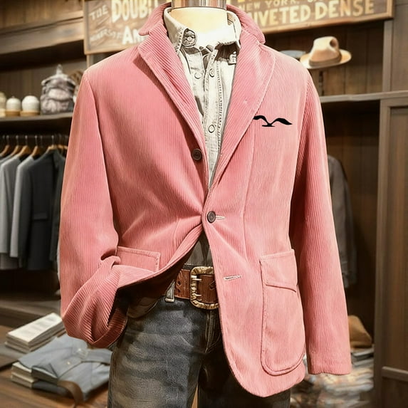 Mens Casual Corduroy Blazer 2025 Vintage Slim Fit 3 Button Plaid Sport Coat Long Sleeve Suit Jacket Pink 3XL